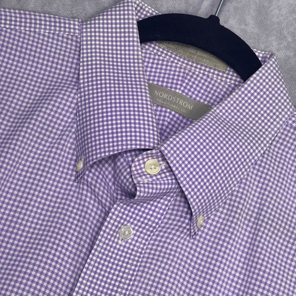 Nordstrom Button Down Shirt Mens 17 - 34 Purple/Lavender Gingham Wrinkle-Free